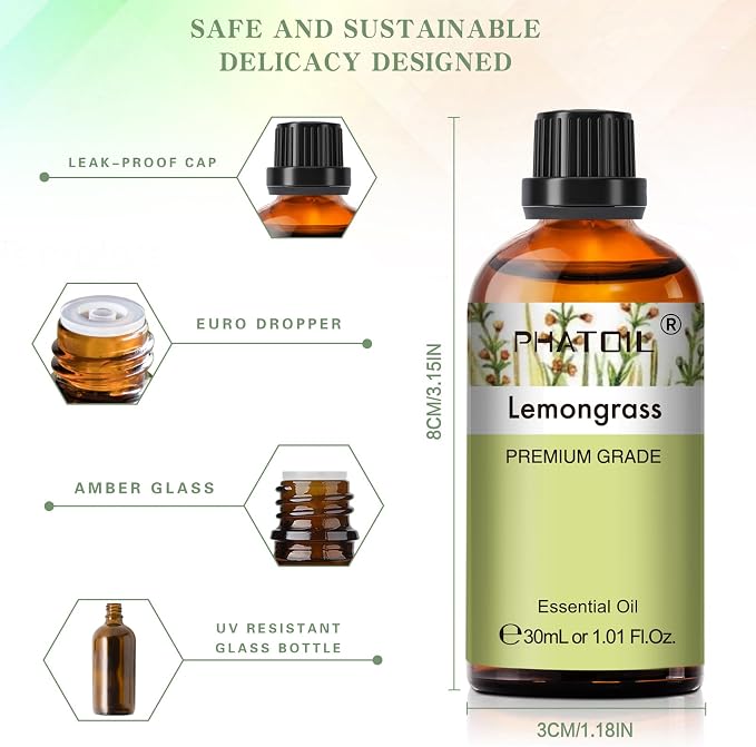 Lemongrass Essential Oil 1.01fl.oz/30ml, PHATOIL Lemongrass Oils Long Lasting Scents for Aromatherapy, Diffuser, DIY Soap and Candle Making