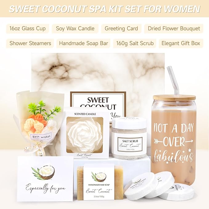 Spa Gift Baskets for Women, Sweet Coconut Birthday Gifts Baskets for Women, Spa Kit Gift Box, Bath and Body Relaxing Gifts Set for Mother Wife Sister Friends with Glass Cup Salt Scrub Shower Steamers
