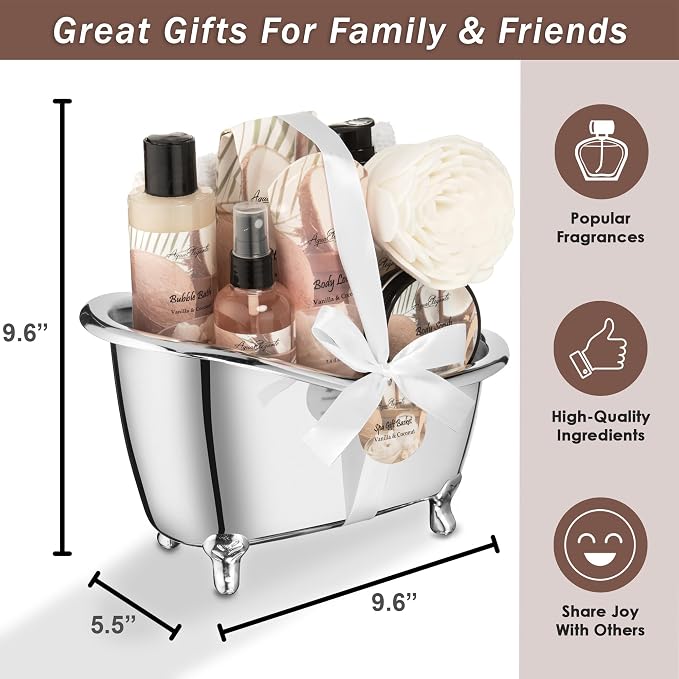 Aqua Elegante Spa Gift Basket - Luxury Bath Set with Body Wash, Bubble Bath, Lotion, Salts, Scrub, Spray, Shower Puff, Towel, Gifts for Women, Mom, Wife, Her - Coconut & Vanilla