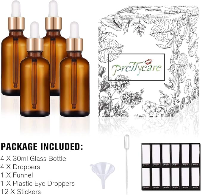 PrettyCare 4 Pack 1oz Dropper Bottle for Essential Oils, 30 ml Amber Glass Essential Oils Bottles with Labels, Funnels- Empty Leak Proof Tincture Bottles for Comestic & Beauty