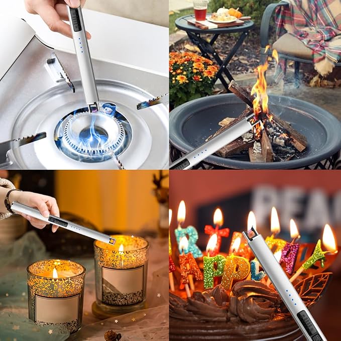 ARECTECH Electric Candle Lighter with Type-C Cable Birthday Gift for Man Women Wife Rechargeable Plasma Arc Lighters for Candle Camping Kitchen Stove Silver 2 Pack
