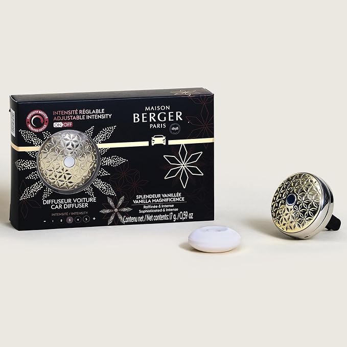 MAISON BERGER Car Diffuser Set, Vanilla Magnificence | Bourbon Vanilla Sandalwood Notes, Refillable Vent Clip with Ceramic Refill, Passive 4-Week Diffusion, Made in France