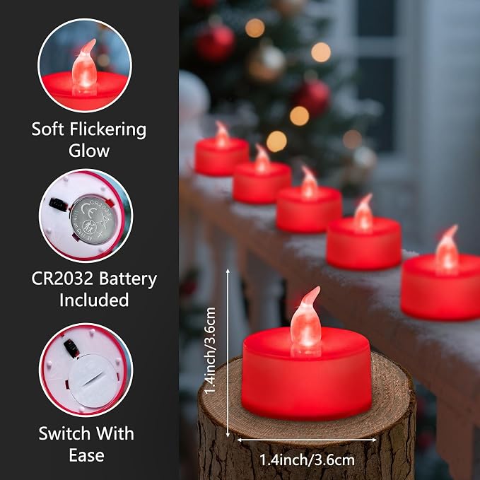 Tea Lights Battery Operated Candles LED Tea Lights Flameless Candles 200+ Hours Flickering Fake Tealights for Sweetest Day Wedding Home Decorations Party (Red Base, 24 Pack)