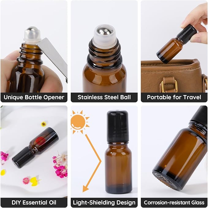 Segbeauty 0.34oz Glass Roller Bottles for Essential Oils, 5pcs Amber Refillable Roll On Bottles, 10ml Empty Rollerball Bottle for Oil, Small Travel Size Containers for Perfume Cosmetics Liquids