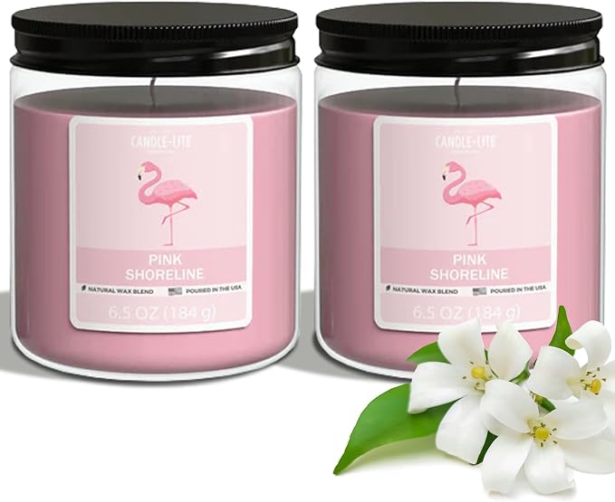 Candle-Lite 2 Pack Scented Candles, Pink Shoreline, 6.5 oz Jar, Proudly Poured in The USA, Aromatherapy Candle Set, Single-Wick with 40 Hours of Burn Time, Ideal Gift for Men and Women