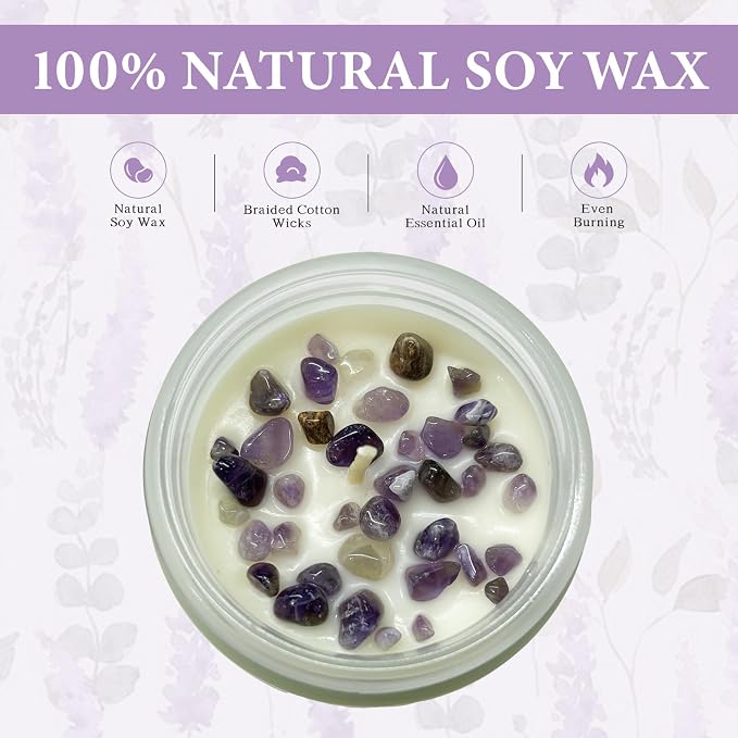 Lavender Amber Scented Candles with Crystals Inside, 9oz Soy Candles for Home Decor, Birthday Spiritual Gift Mothers Day Candle for Women Mom