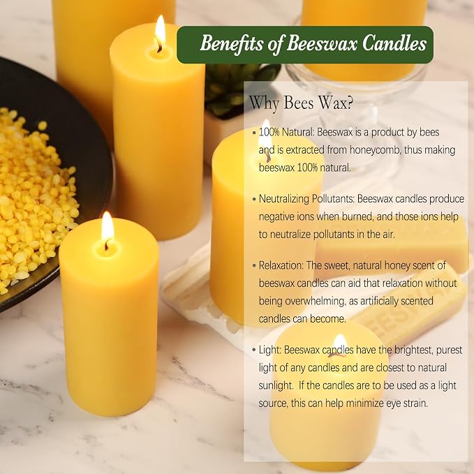 Natural Beeswax Candles Set of 4, Handmade Beeswax Pillar Candles Set, 4 Sizes, 100% Pure Unscented Bees Wax Candle, Honey Aroma Pillar Candles Bulk, for Calming, Relaxing, Air Purification