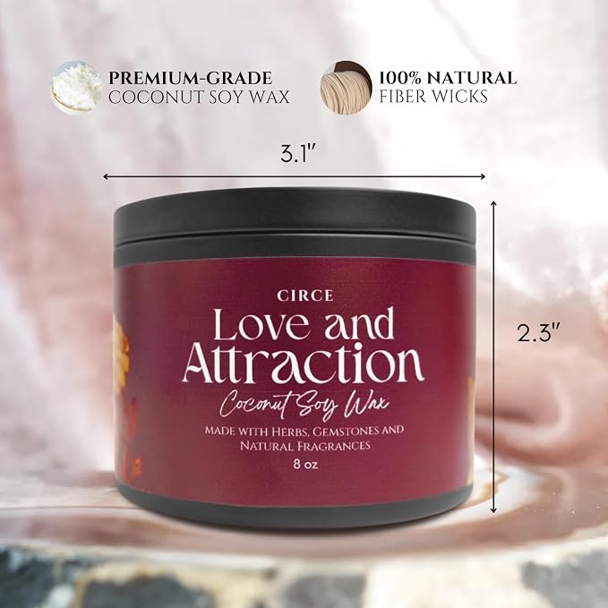 Circe Spell Candle “Love & Attraction” Coconut Soy Wax Candle Jar – Premium Hand Poured & Long Burning – Herbs, Crystals & Natural Fragrance Oils- Draw Love, Connection & Passion- Self Care, Gift- 8oz