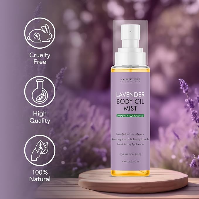 Majestic Pure Lavender Oil Body Mist- 100% Pure & Natural - After Shower Body Oils for Women and Men - Scented, Radiant, Skin Therapy Firming Massage Oil - 6.8 Fl Oz