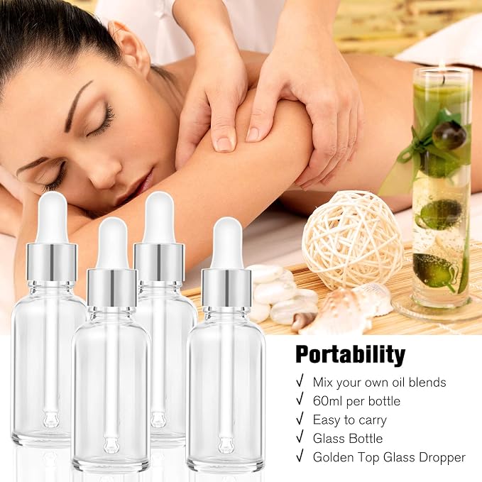 PrettyCare 2 oz Dropper Bottles, 4 Pack Frosted Glass Bottles 60ml with Golden Caps, 12 Labels, Funnel & Measured Pipettes-Empty Tincture for Essential Oils & Skincare