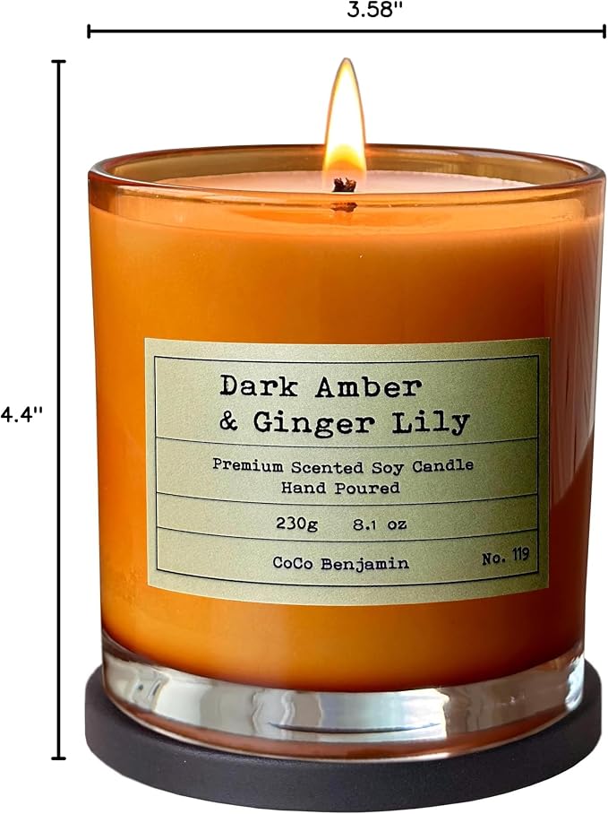 100% Natural Soy Wax Candle by CoCo Benjamin - Highly Scented & Hand-Poured Luxury Candle (Dark Amber & Ginger Lily)- Clean Burning Cotton Wick