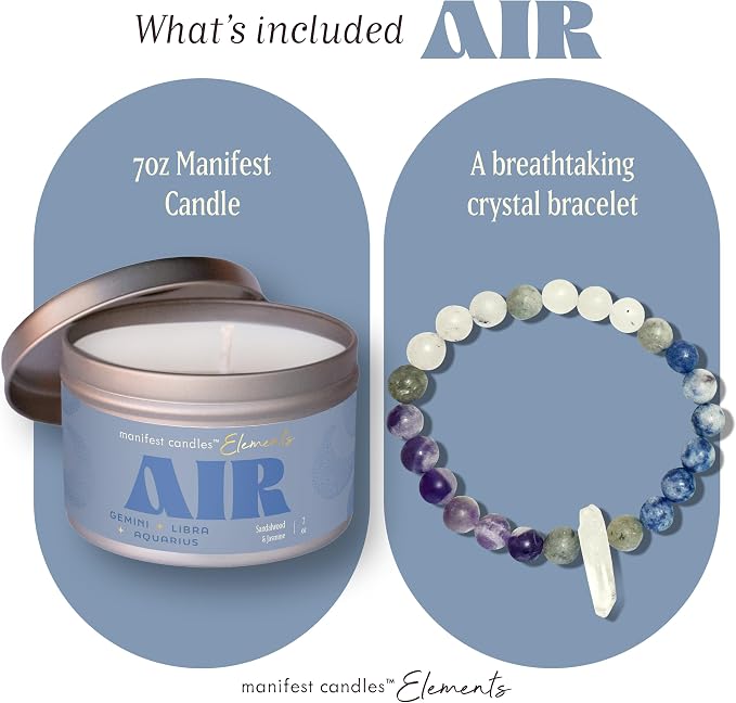 Zodiac Air Aquarius Gemini Libra Gifts for Women Crystal Candle, 45 Hour Burn, Zodiac Astrology Gifts Meditation Candle Healing with Crystals, Spiritual Manifestation Healing Stones Bracelet