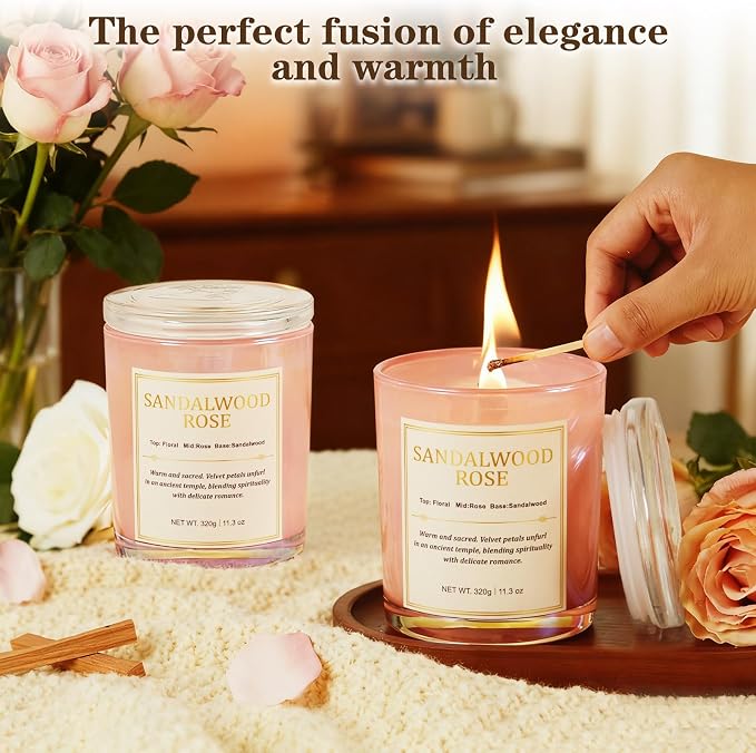 Scented Candles for Home, 2 Pack Wood Wick Sandalwood Rose Scented Candle,22.6 oz 150 Hour Long Burning Lasting, Natural Soy Wax Candles Gifts Set