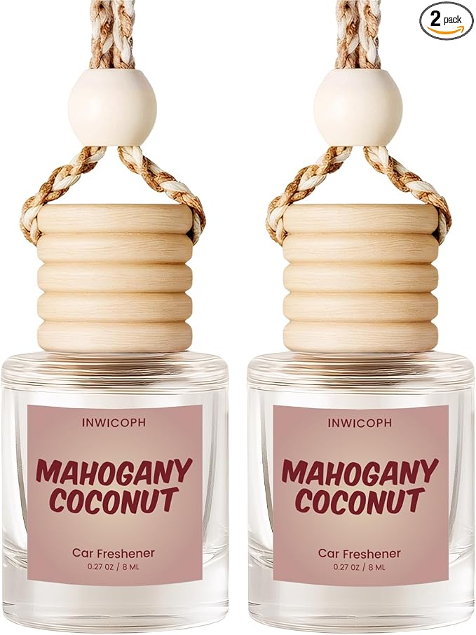 Premium Car Air Freshener Diffuser Set (2 Pack) - Mahogany Coconut Fragrance Oil, 45+ Day Long-Lasting Hanging Auto Freshener