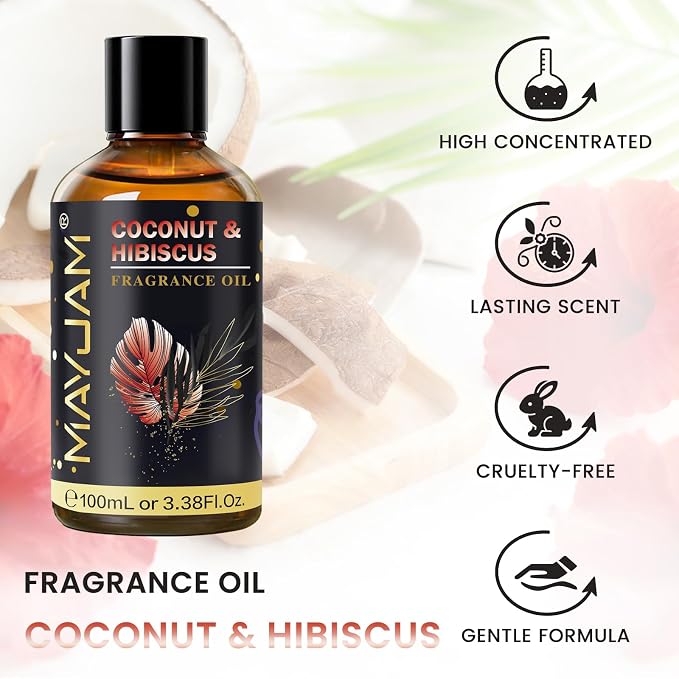 Coconut & Hibiscus Fragrance Oil Essential Oil, MAYJAM 3.38FL.OZ Coconut & Hibiscus Oil for Diffusers for Home, Long Lasting Scented Oils for Soap Candle Making - 100ML