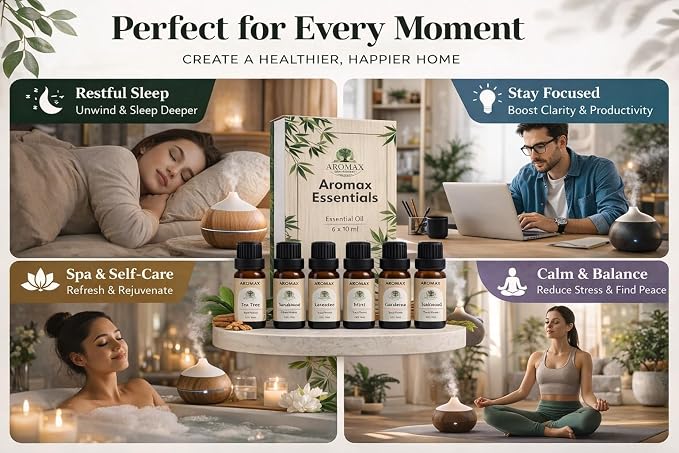Aromax 6 Pack Essential Oils Gift Set Lavender, Mint, Sandalwood, Teakwood, Tea Tree & Gardenia for Relaxation, Sleep & Stress Relief Aromatherapy Oils for Diffuser, Spa, Home, Meditation & Self-Care