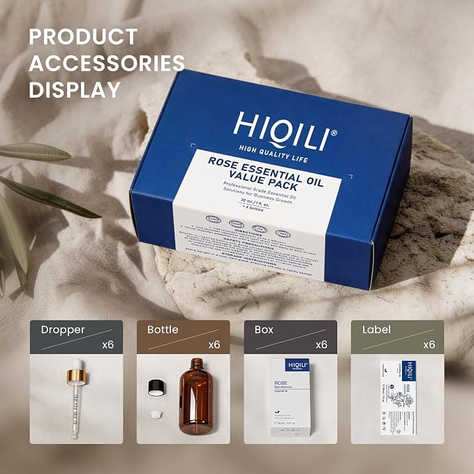 HIQILI Rose Essential Oil Set – 1 fl oz (6 Pack), with Stable Quality, Bulk Pack for Business Purchase, Ideal for Skin Care, SPA, Hotels, DIY Studios, Holiday Gifts & Home Use
