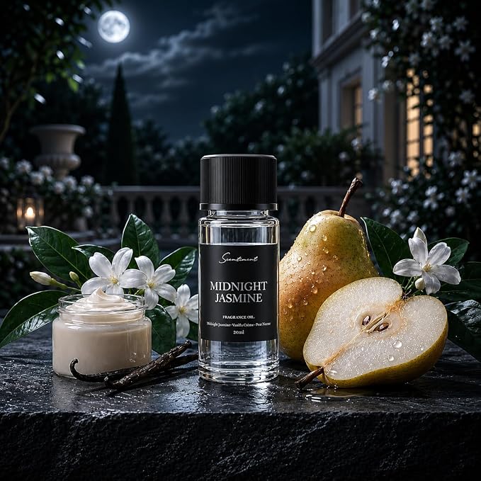 Scentiment Midnight Jasmine Diffuser Oil - Premium Hotel Scent with Notes of Jasmine, Vanilla Crème & Pear Nectar Home Scent, Hotel Fragrance Oil Diffuser Refill - 0.68 fl oz (20 mL)