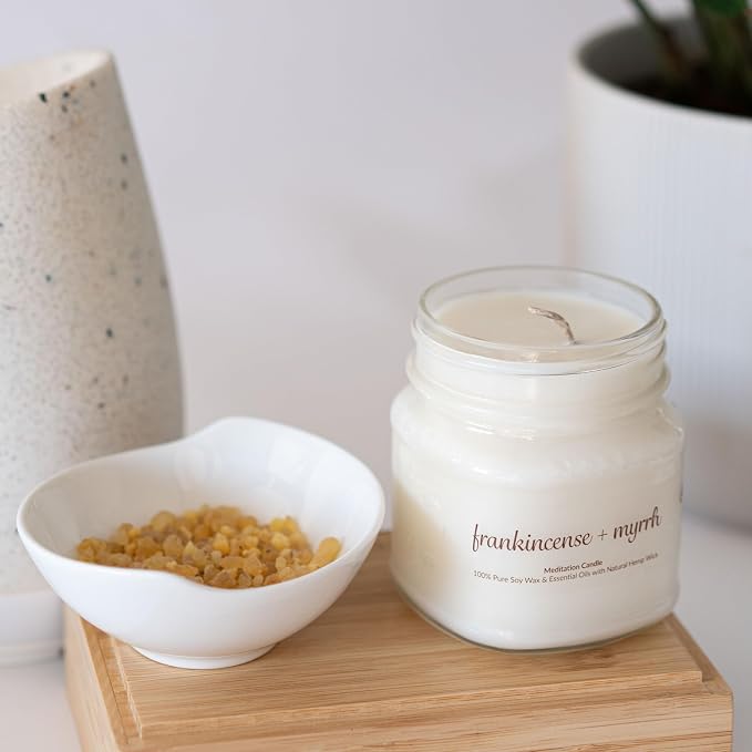 Meditation Soy Wax Candle, Relaxing and Banishing Negative Energy, Non-Toxic Handpoured Glass Jar Candle - Clean Burning, Long Lasting, Candles for Home, Fragrance (Frankincense + Myrrh)