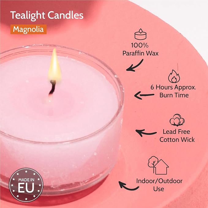 HYOOLA Scented Tealight Candles - Clear Cup - Magnolia Tealight Candles Scented - 6 Hour Burn Time - 15 Pack - European Made