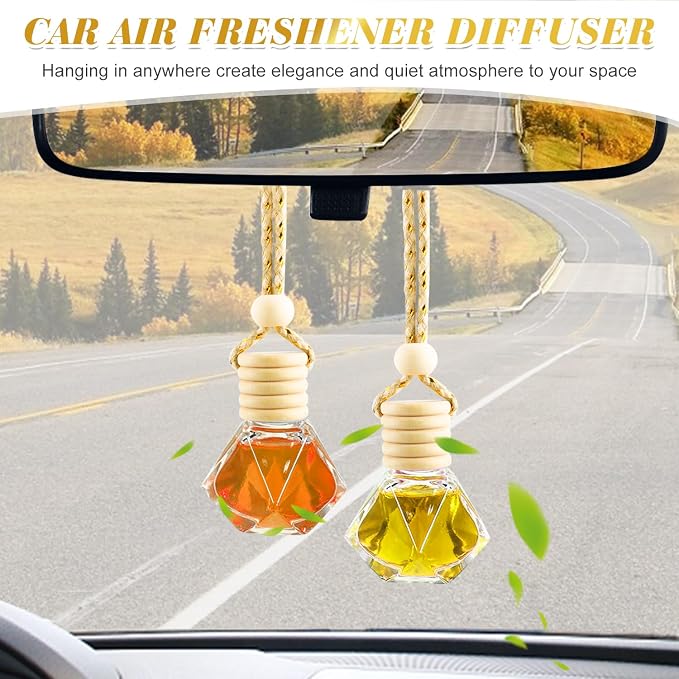 100 Pcs 8ml Hanging Car Air Freshener,Empty Clear Glass Essential Oil Diffuser Perfume Aromatherapy Pendant Bottle Vials Ornament Decor With Wooden Caps & Hanging String-Diamond Shape