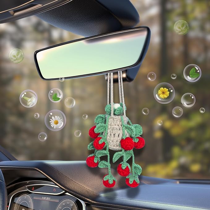 ROFIGL Handmade Crochet Hanging Car Air Freshener - Sweet Cherry Charm with 12ml Refillable Glass Essential Oil Bottle, Cute Car Accessories for Women & Bedroom Floral Decor