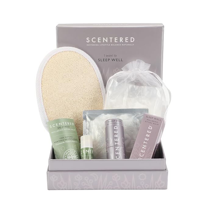 Scentered Prepare for a Great Night's Sleep Bath Set - Bath Salts, Aromatherapy Balms, Body Loofah, Hair Tie & Shower Cap - Relaxing Bath Set for Restful Sleep