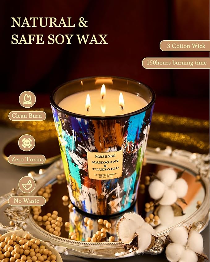 M&SENSE Large 3-Wick Teakwood Scented Soy Candle | 35oz, 150 Hours Clean Burning, Non-Toxic, Home Office Essential, Fathers Day Business & Housewarming Gift