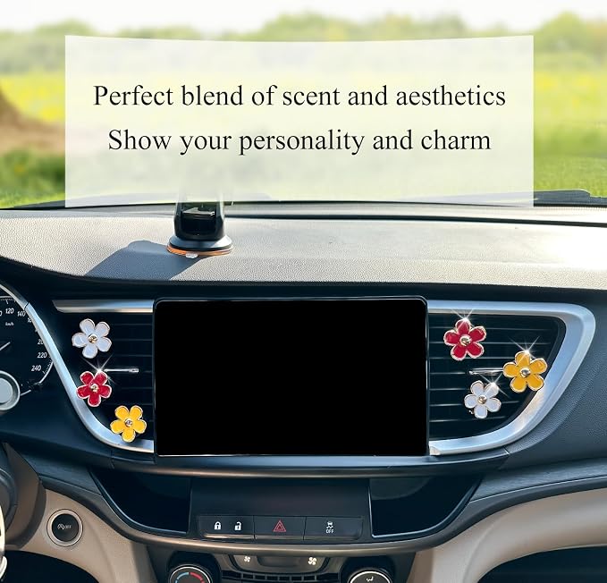 ORIESSE 6pcs Flower Car Air Freshener Vent Clips,Red Yellow White Daisy Car Dashboard Accessories,3.3cm/3cm Flower Air Vent Clip for Women,Refillable Car Diffuser Decor