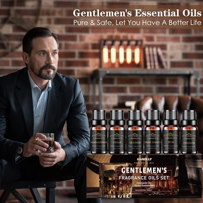 Essential Oils Set, Men Scents Fragrance Oil Aromatherapy Essential Oils Kit for Diffuser (6x10ML) - Sandalwood, Cedar, Leather, Sweet Tobacco, Rum, Cologne Aromatherapy Oil Gift for Men