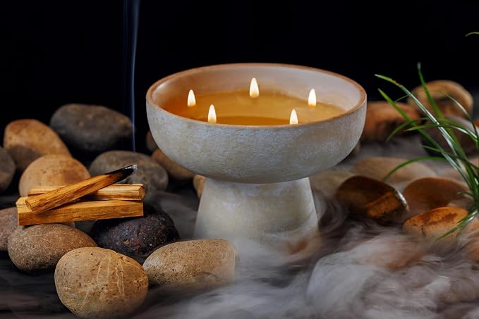 Blueme Spiritual Candle | Palo Santo & Vetiver | 5 Wick - Refillable Wellness Candle with Essential Oils, Hand Finished & Poured Soy Wax Blend Ceramic Vessel, Natural Cotton Wicks | Large 24 oz