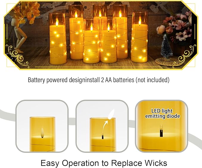 Eebuss Flameless Candles with Embedded Star String, Battery Operated LED Pillar Candles with Timer and Remote Control,Home Decorating for Ambiance， Set of 7 (Gold)