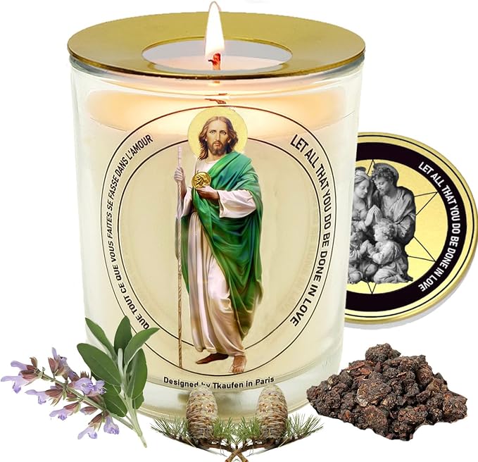 St. Judas Frankincense Sage Scented Candle 50 Hours with Warmer Ring│Hand-Poured Soy Wax│Money Attract, Blessing, Heal Illness, Fix Grades│Design in Paris│3“×3.6”