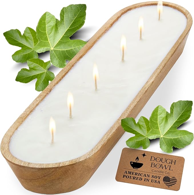 Dough Bowl Candle Co. Mediterranean Fig Soy Candle - 6 Wick Rustic Farmhouse Coffee Table Decor, Odor Eliminator in Wooden Bowls, 32 Ounce Wooden Dough Bowl Candle, All-Natural Gifts for Women or Men
