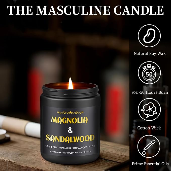 Sandalwood Candle, 7 oz Scented Candle for Men, Soy Candles for Home Scented, Masculine Jar Candle for Him, 50 Hours Burning Time Mens Candle Gift for Boyfriend, Father, Birthday Present Giving