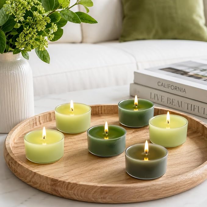 Sage Green Ombre Tea Lights Set of 24, Cedar Scented Tealight Candles, Handmade Tea Candles, Long Burning Tealights for Romantic Wedding Home Decor Gift