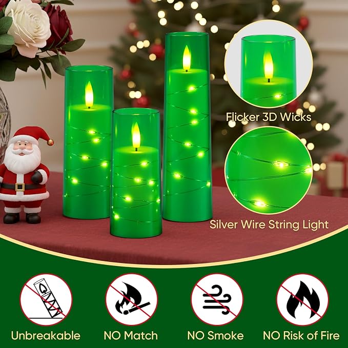 Raycare St. Patrick's Day Flameless Candle with Remote Timer – 5 Flickering Acrylic Battery Operated LED Pillar Candles with Embedded Star String for Christmas, Home Decor, and as a Gift(Green)