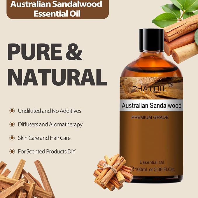 PHATOIL Pure Essential Oil, Pure Oil for Hair Care, Nail Care, Skin Care, Aromatherapy, DIY Candle Soap Making 3.38Fl Oz ( Australian Sandalwood )
