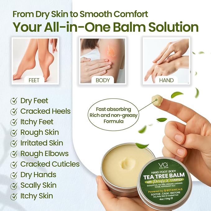 VITAL AFFAIR Tea Tree Oil Balm – Soothing Care for Rashes, Athlete’s Foot, Jock Itch, Bug Bites, Folliculitis, Cracked Feet, Dry, Flaky, Irritated Skin – For All Ages & Sensitive Skin - 4 oz