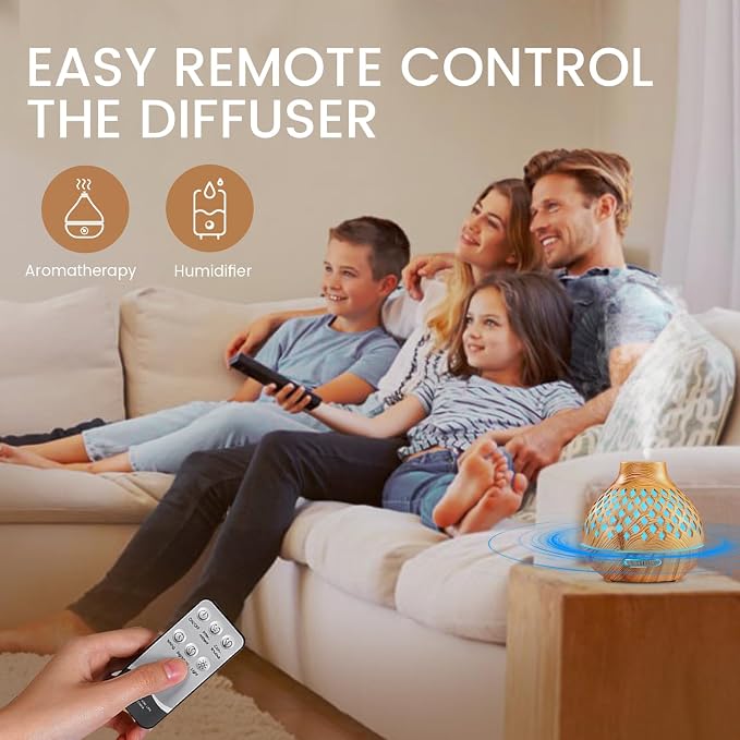 Aeshory Aromatherapy Diffuser & 12 Essential Oils Set, 550ML Aromatherapy Diffuser for Home, Ultrasonic Cool Mist Humidifier with Remote Control 4 Timer 7 Color LED Light, Waterless Auto Off, Light