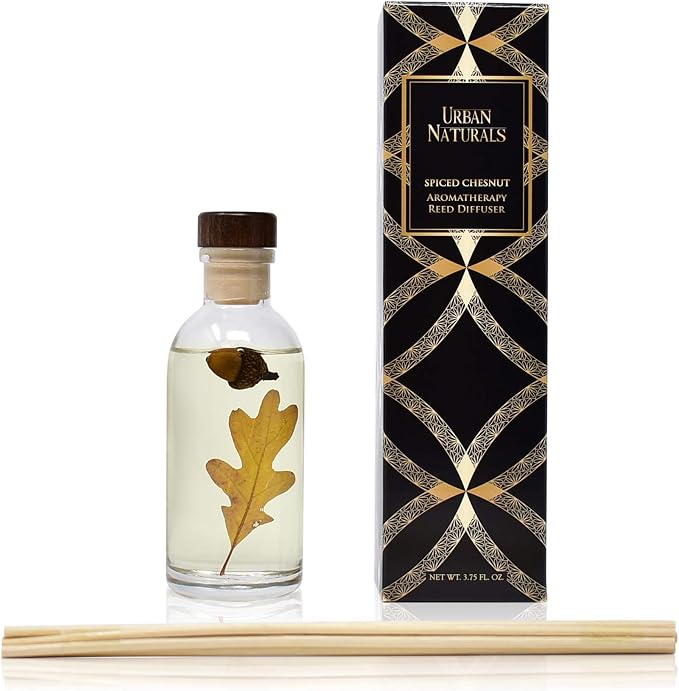Urban Naturals Spiced Chestnut Reed Diffuser Sticks and Oil Set – Comforting Autumn Scent of Chestnuts, Cinnamon, Clove and Cedar Wood with Real Acorns and Fall Leaves – 3.75 Ounces – Made in the USA