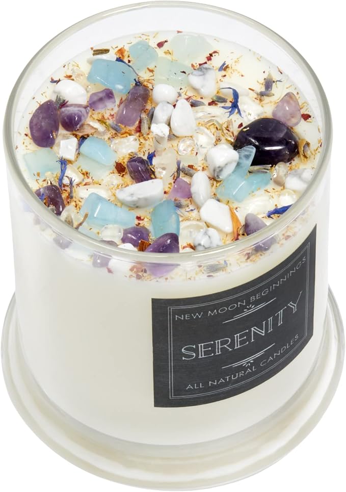 Lavender Chamomile Candle by New Moon Beginnings - Calming Energy Candle - Crystal Candle & Herb Candle - Aromatherapy Candle - Essential Oil Candle (12 Ounce Round Glass)
