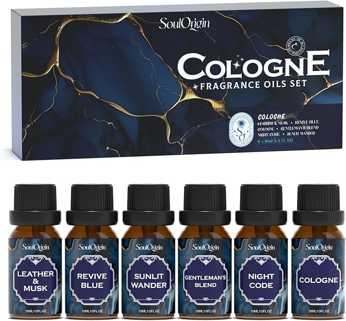 Soulorigin Cologne Fragrance Oils Set, Essential Oil for Diffuser, Men Scent Diffuser Oil, Use for Soap Candle Making, Cologne, Leather&Musk, Revive Blue, Sunlit Wander, Gentleman's Blend, Night Code
