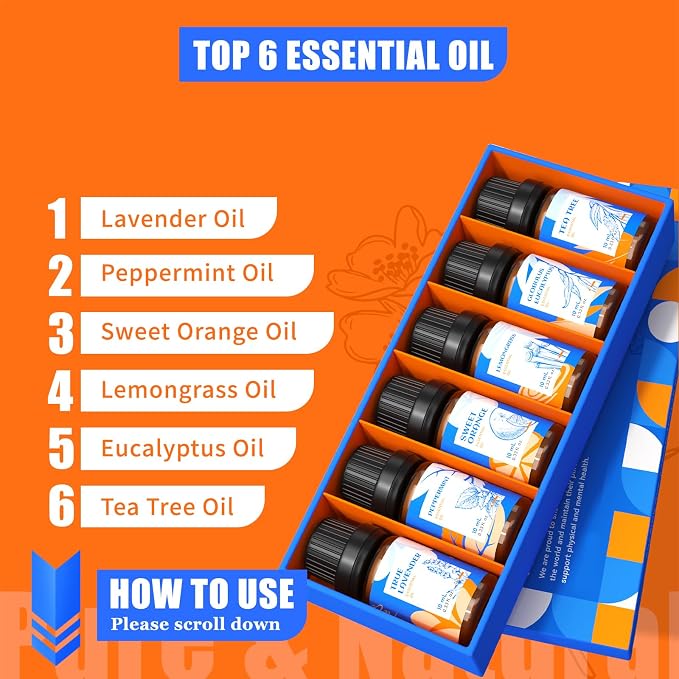 HIQILI Essential Oils for Diffusers for Home，Top 6 Gift Essential Oil Set，Include Lavender, Orange, Peppermint, Tea Tree, Eucalyptus, Lemongrass，Beginner Kit（10ML*6）