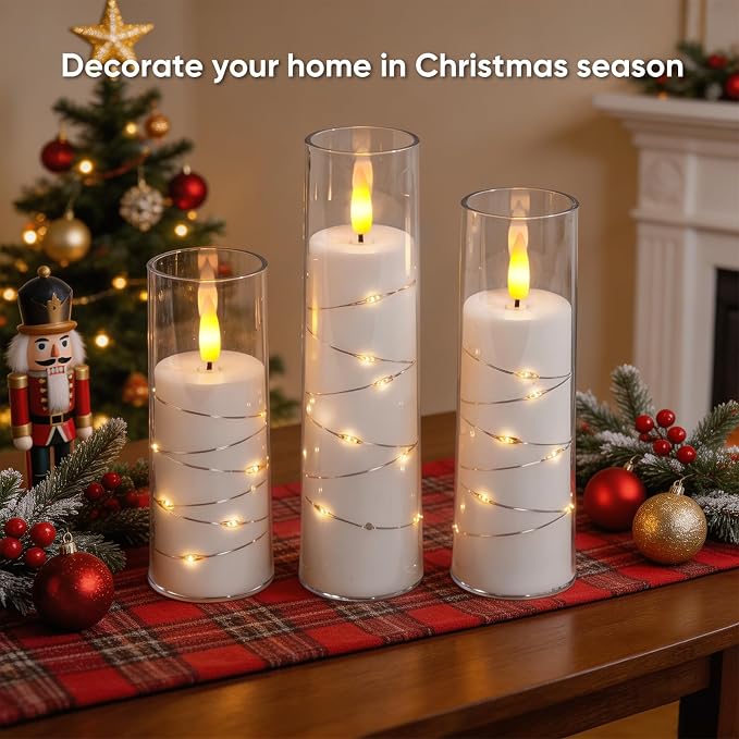 Raycare Flameless Candle with Remote Timer, 3 Flickering Acrylic Battery Operated LED Pillar Candles with Embedded Star String for Home Decor, Christmas, Wedding, Home Table Decor(White)
