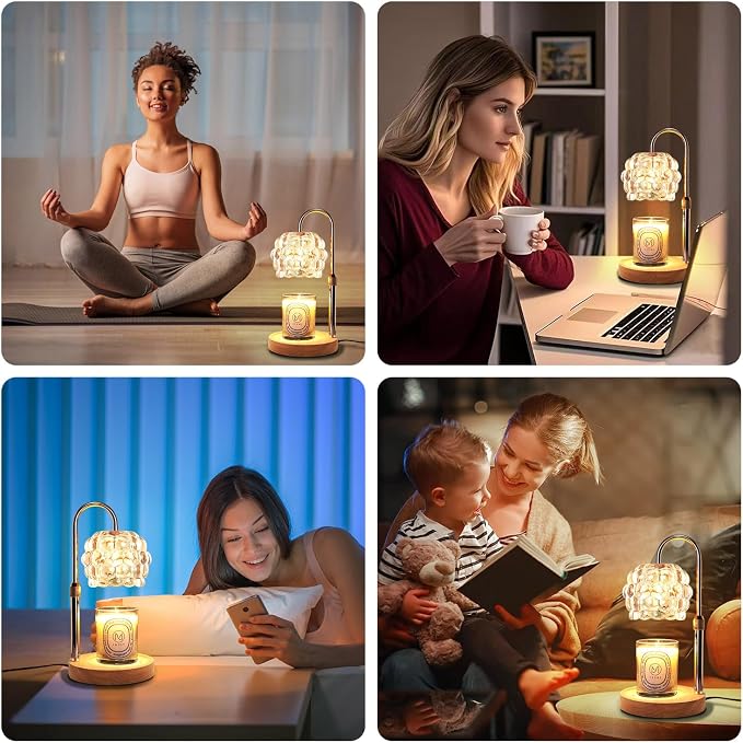 Candle Warmer Lamp with Timer Adjustable - Height Candle Warmer, Dimmer, Vintage Glass Wax Melting Lamps for Home Decor, for Candles in Jars with 2 Bulbs, Champagne Gold