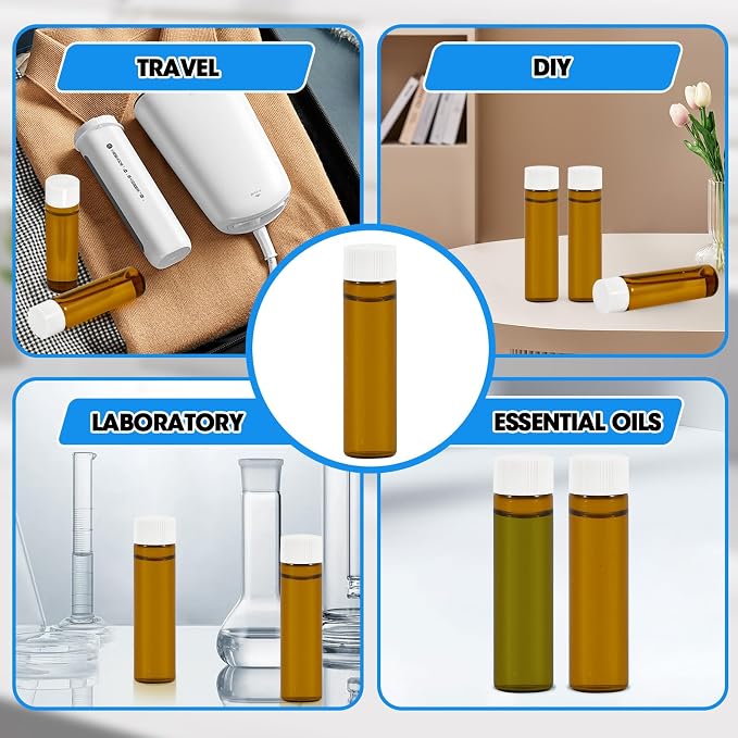 25PCS 20ml Amber Glass Vials with White Screw Caps and Plastic Stoppers, Leak-Proof Small Liquid Sample Bottles for Essential Oils, Perfumes, Reagents