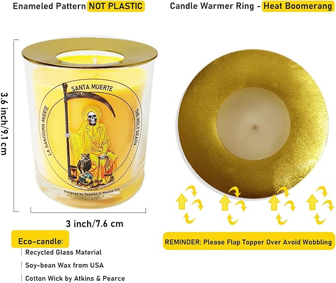 Gold Santa Muerte Candle 50 Hours with Warmer Ring│Hand-Poured Natural Soy Wax│Attract Money, Prosperity, Wealth, Success, Leadership, Luck, Financial Abundance│Design in Mexico City│3“×3.6”