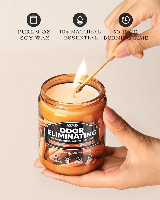 AOOVOO Cinnamon Odor Eliminating Highly Fragranced Candle - Eliminates 95% of Pet, Smoke, Food, and Other Smells Quickly, Non Toxic Air Freshing Soy Candle, 9 oz Up to 50 Hours Burn time