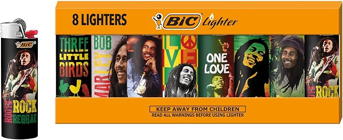 BIC Maxi Pocket Lighter, Special Edition Bob Marley Collection, Assorted Unique Lighter Designs, 8 Count Pack of Lighters